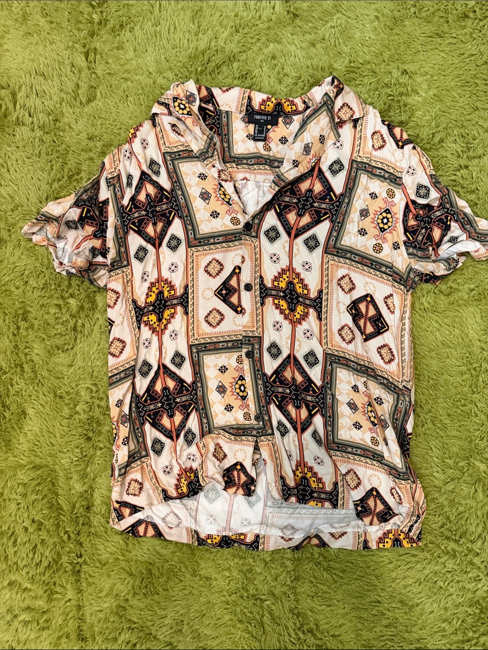 Forever 21 Cream and Mustard Geometric Short-Sleeve Button-Up